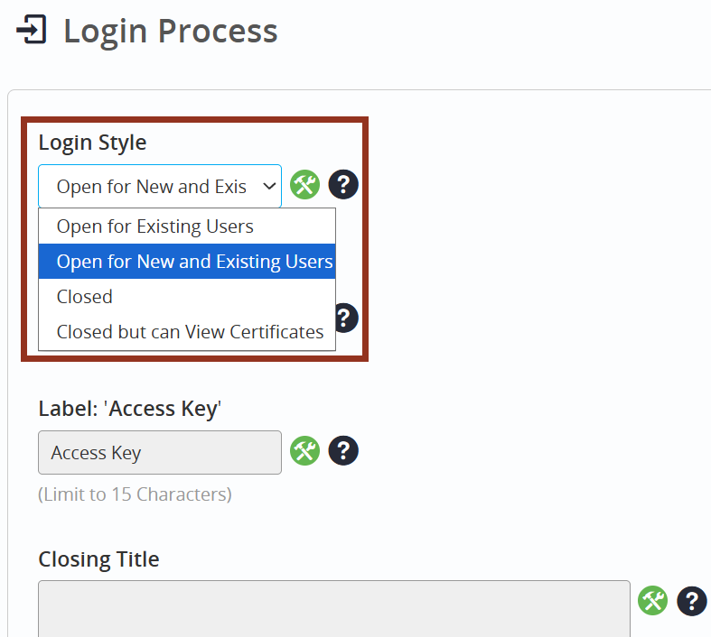 Image of the Users Tab Login Page Sub-Tab Login Process Options.