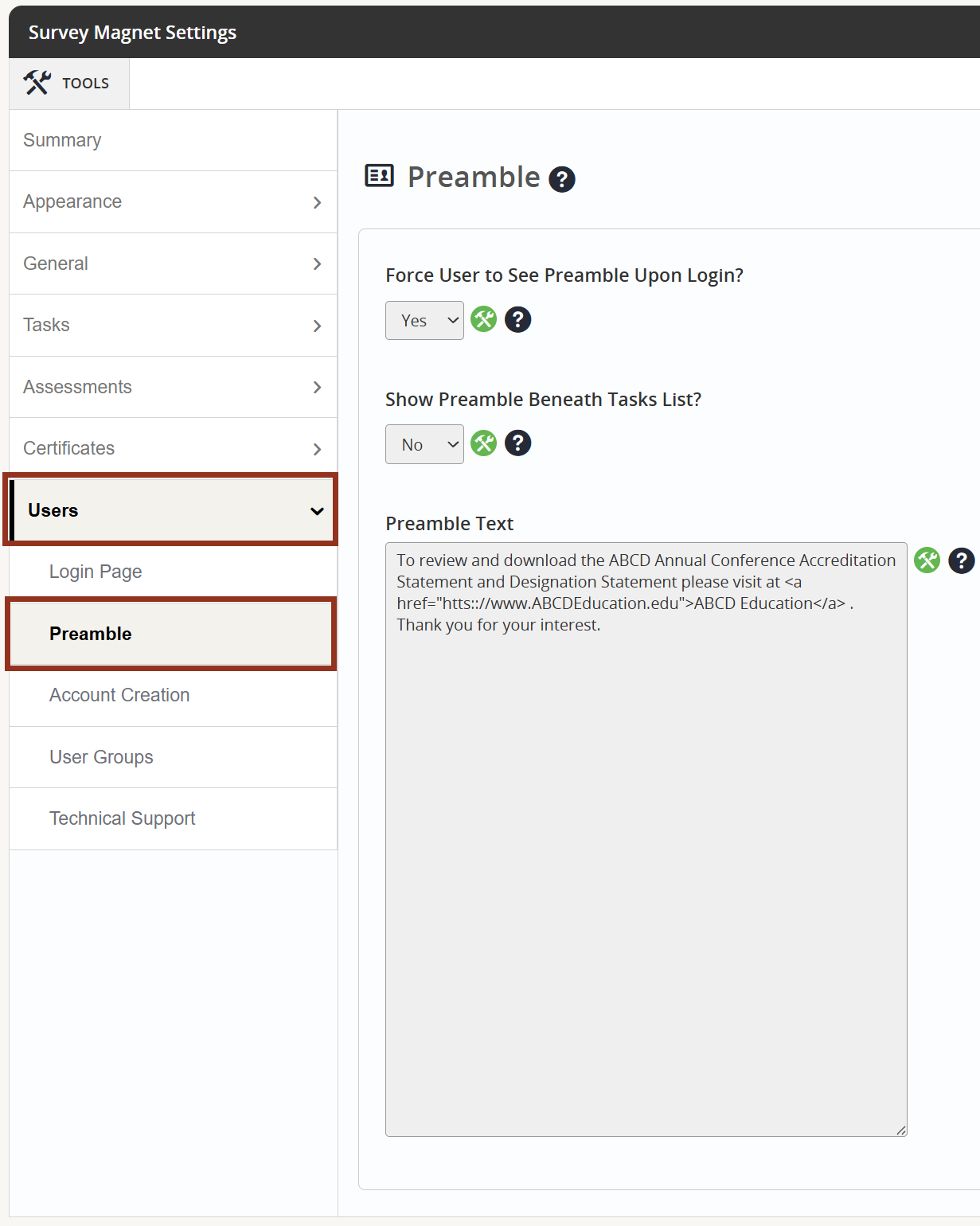 Image of the Users Tab Preamble Sub-tab.