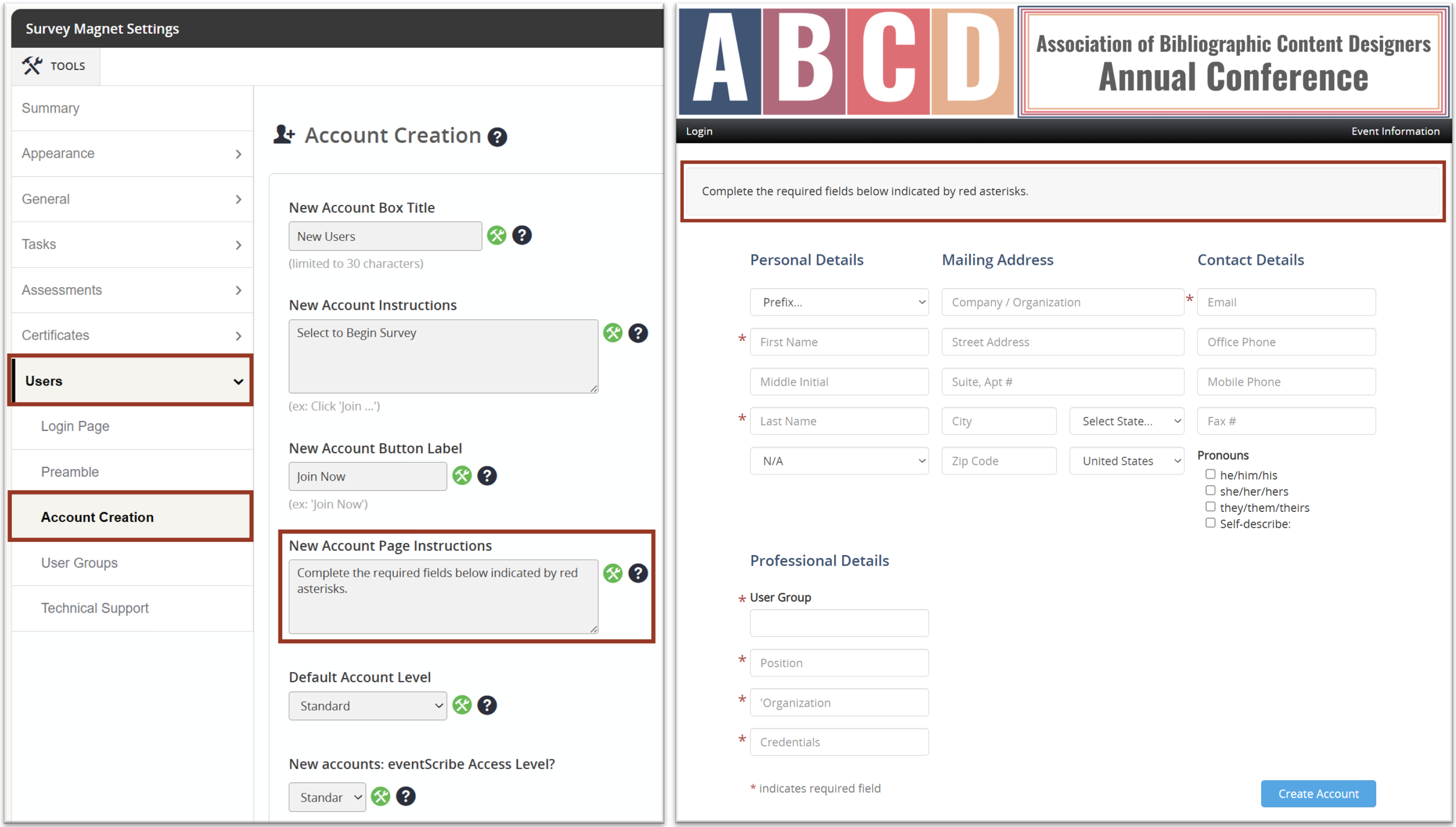 Image of the Users Account Creation Settings And New Account Page.