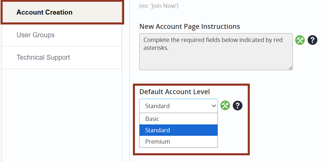 Image of the User Groups Sub-Tab Default Account Level Option.