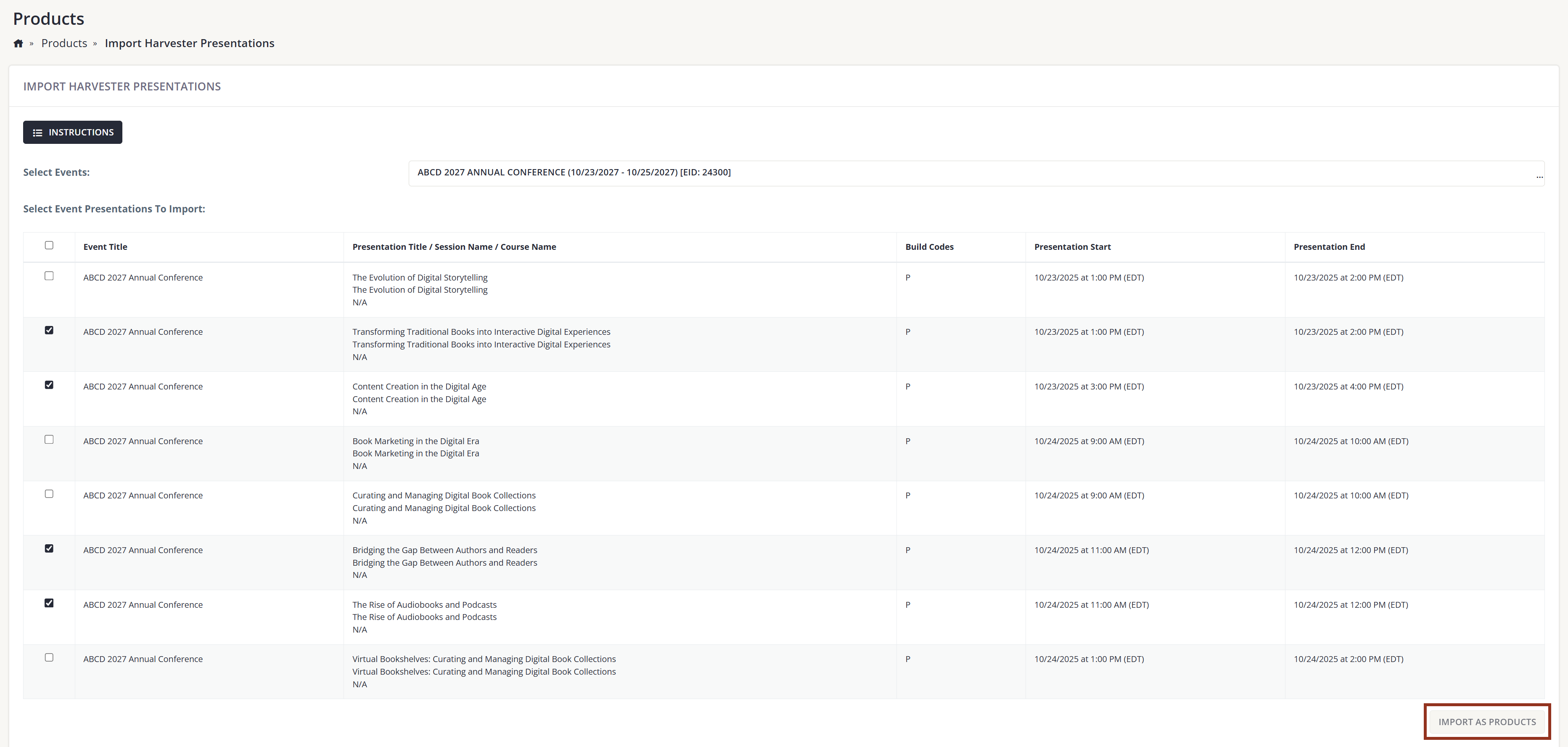 Image of the Select Presentations to Import Page.