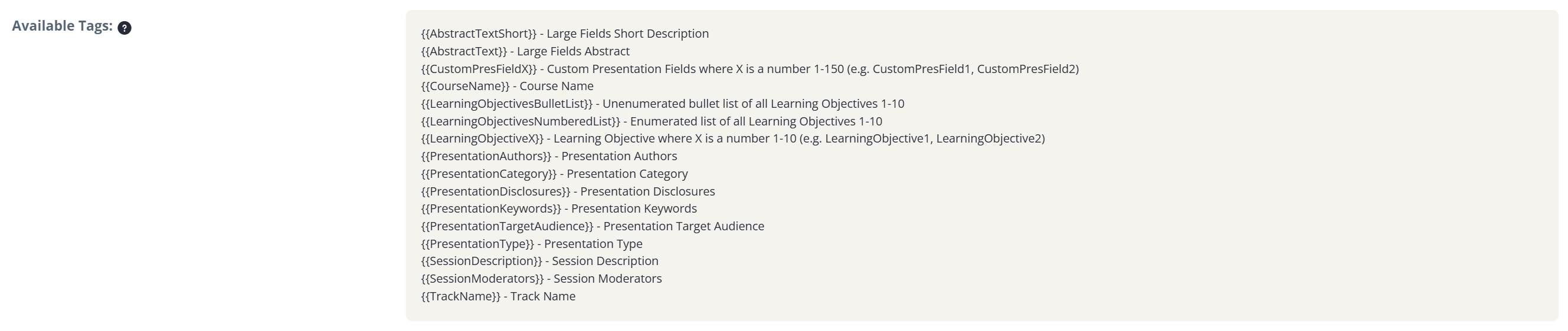 Image of the Available Tags Options.
