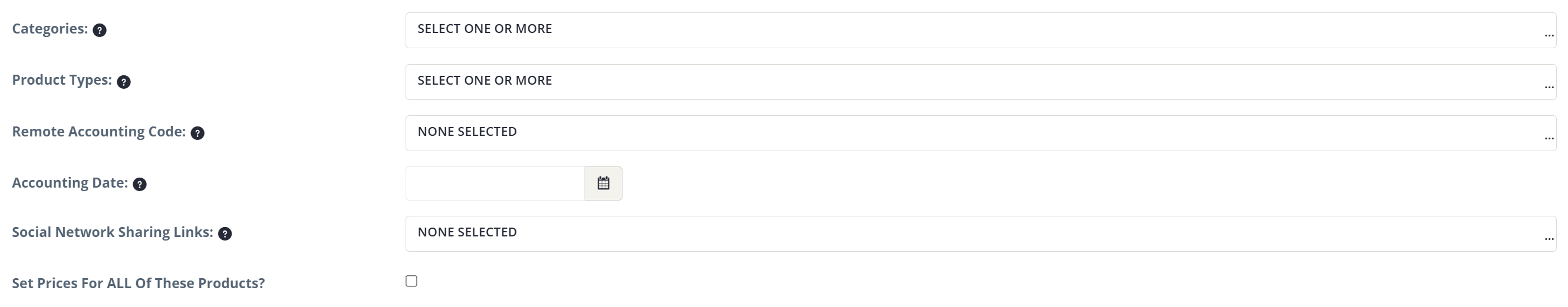 Image of Categories, Remote Accounting Code, Accounting Date and Social Media Options.