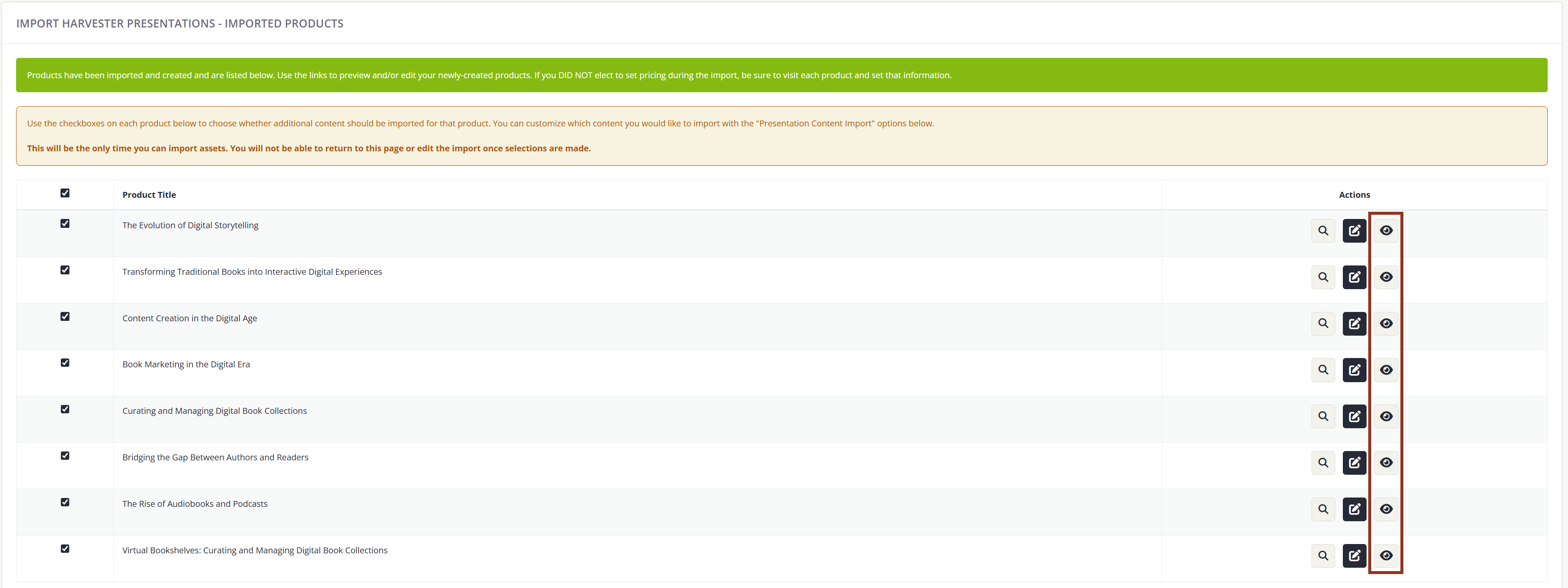 Image of the List of Imported Products Preview Buttons.