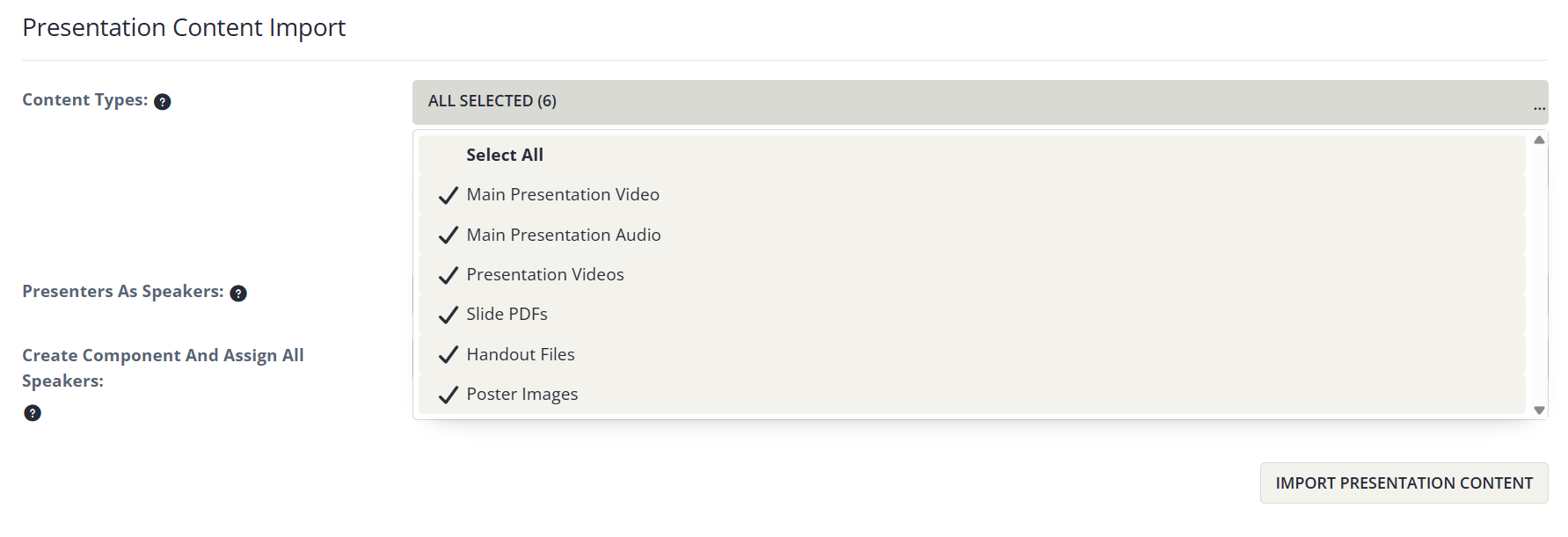 Image of the Content Types Dropdown Options.