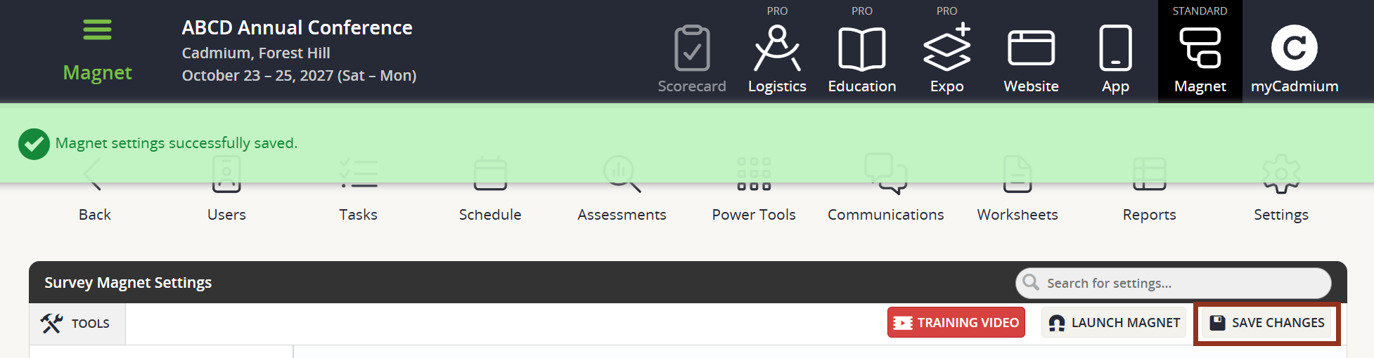 Image of the Settings Page Save Changes Button and the Confirmation Banner.