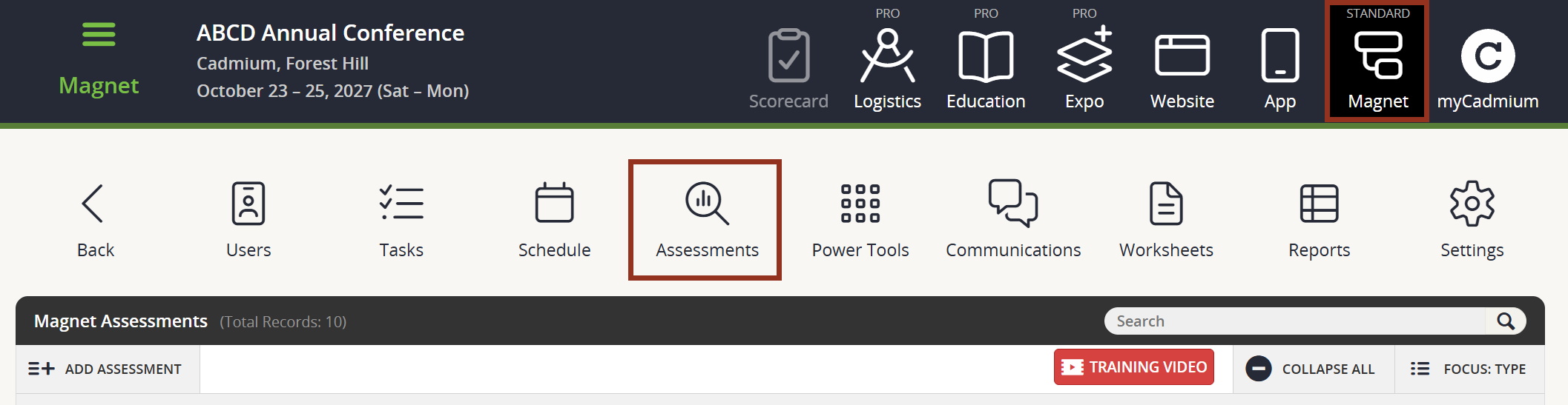 Image of the Assessments Page.