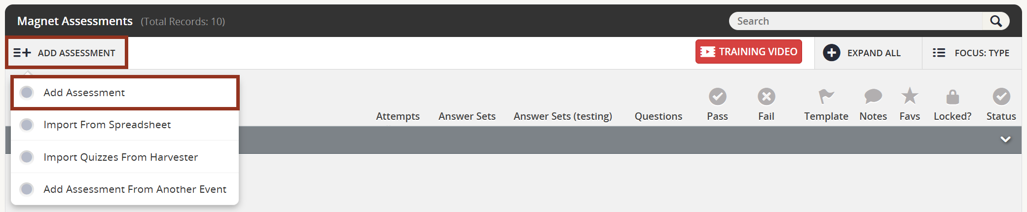 Image of the Add Assessment Button Drop-Down.