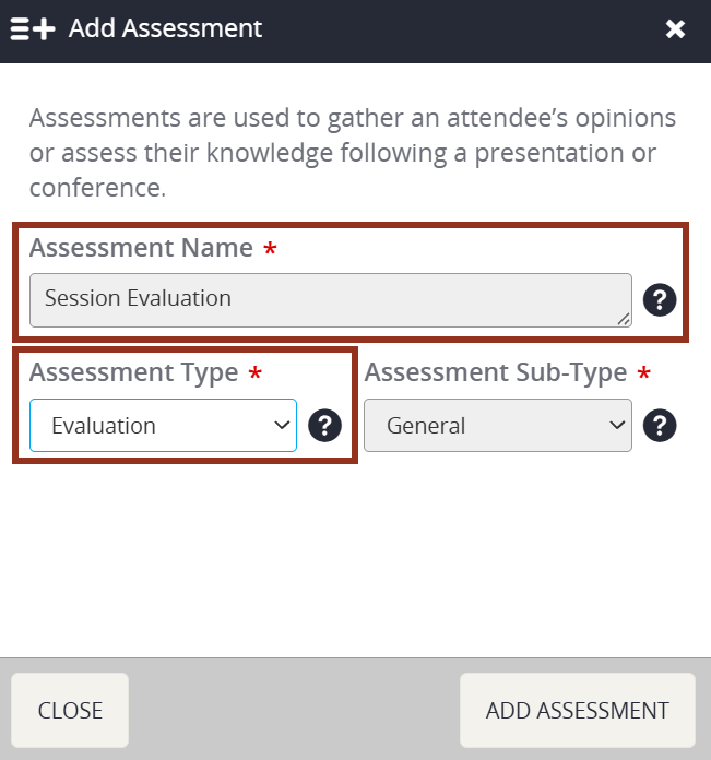 Image of the Add Assessment Pop-up Assessment Type Option.