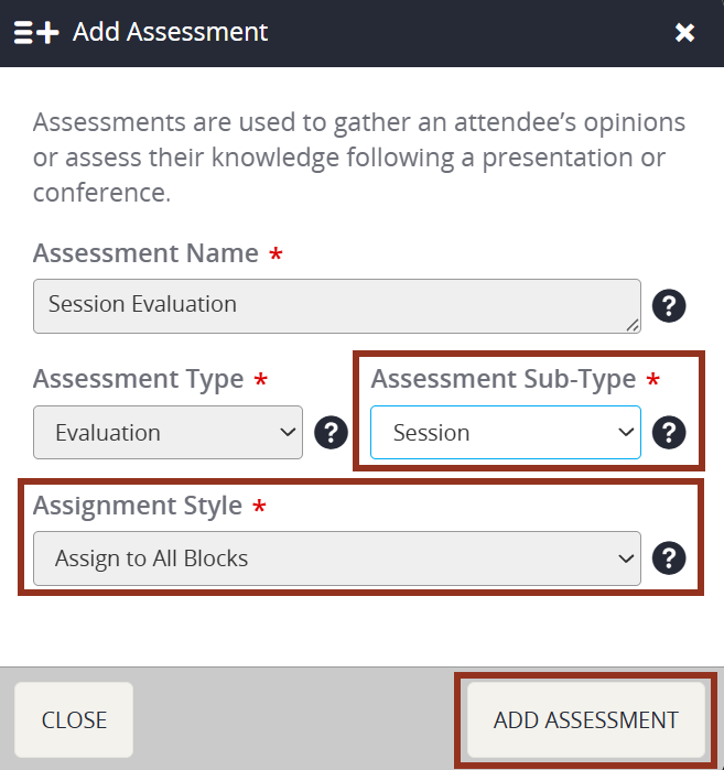 Image of the Add Assessment Pop-up Assessment Style Option.