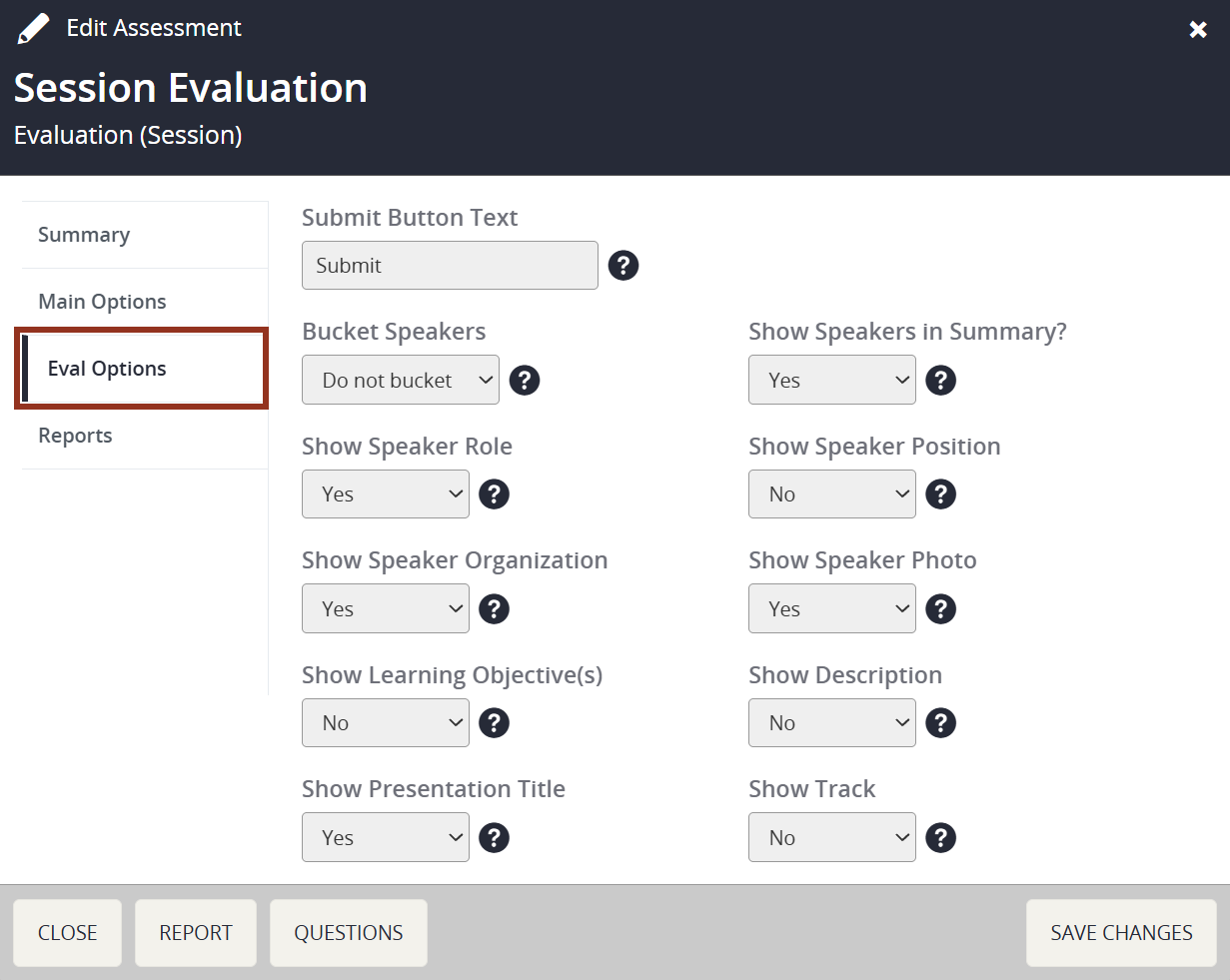 Image of the Session Evaluation Options.
