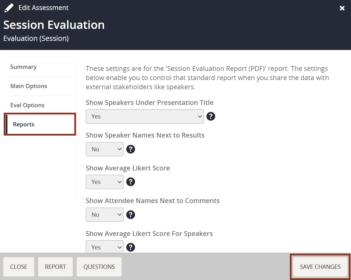 Image of the Session Evaluation Reports Tab.