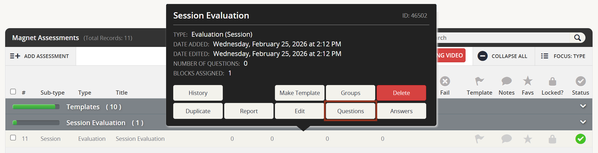 Image of the Session Evaluation Row Pop-Up Questions Button.