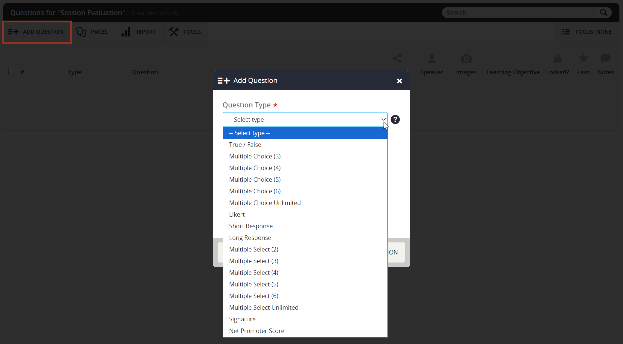 Image of the Add Question Pop-up Question Type Options.