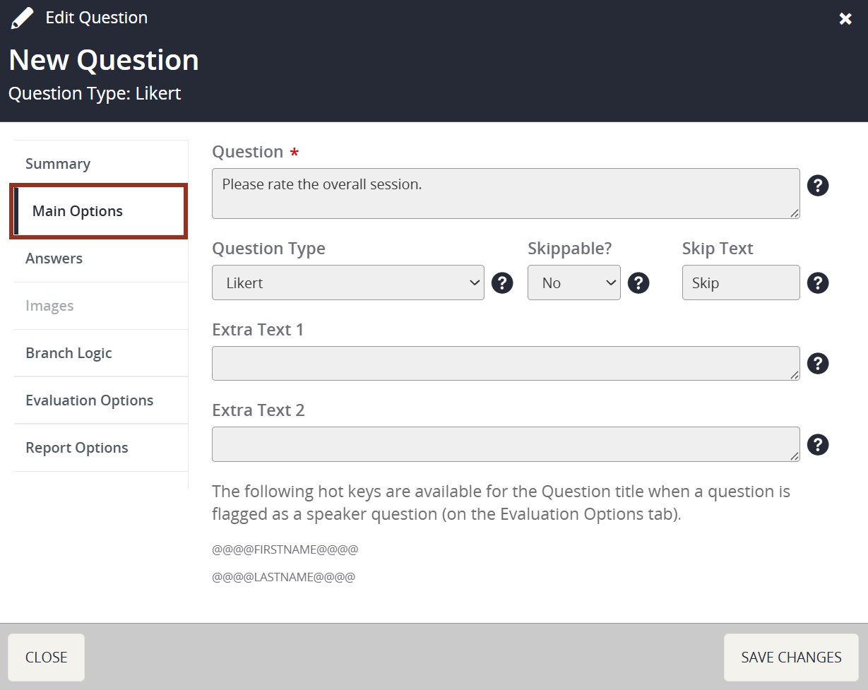 Image of the Edit Question Pop-up Main Options Tab.