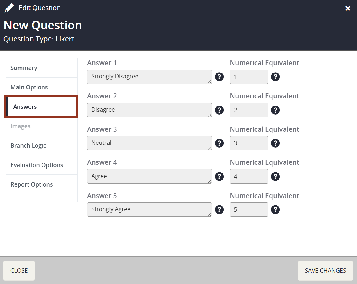Image of the Edit Question Pop-up Answers Tab.