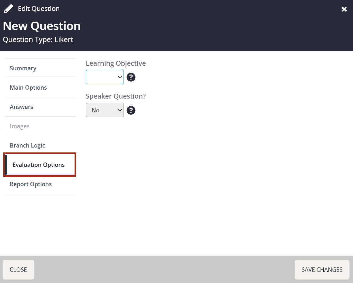 Image of the Edit Question Pop-up Evaluations Tab.