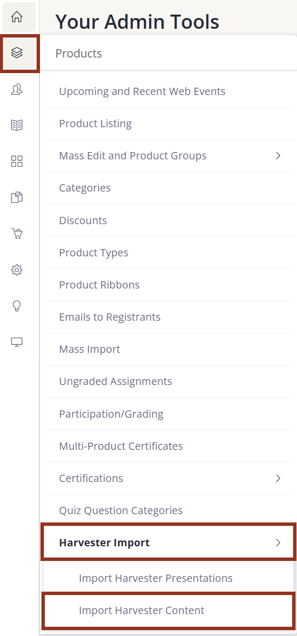 Image of the Left-Side Menu Options showing Harvester Import and Import Harvester Content Options.