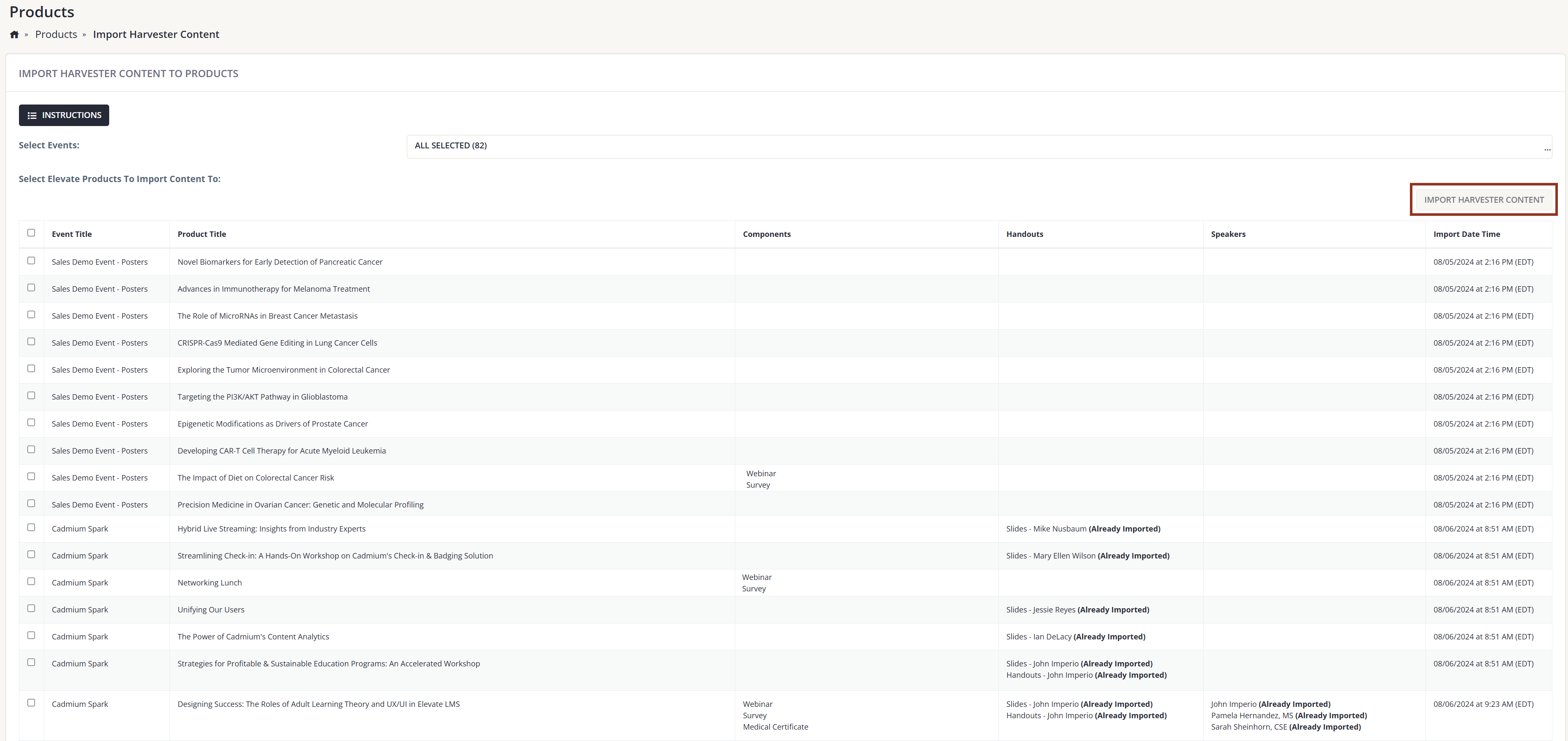 Image of the Import Harvester Content to Products Page.