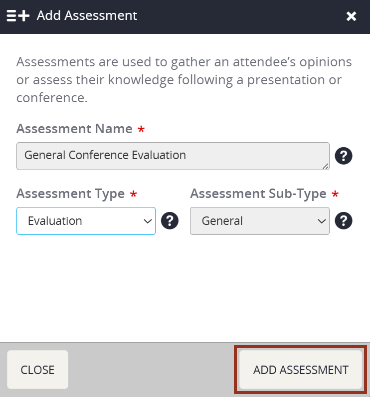 Image of the Add Assessment Pop-up.