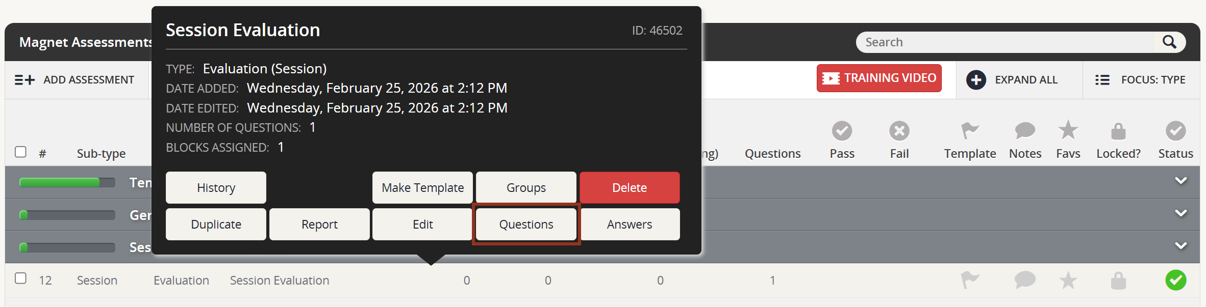 Image of the Session Evaluation Row Pop-up Questions Button.