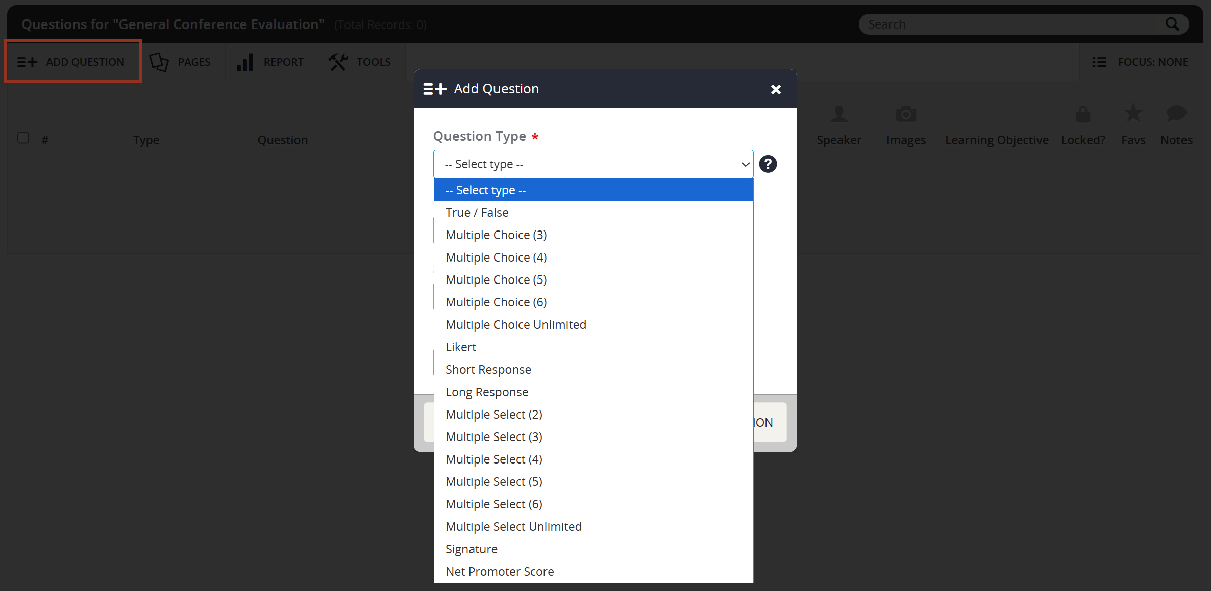 Image of the Add Question Pop-up Question Type Drop Down.