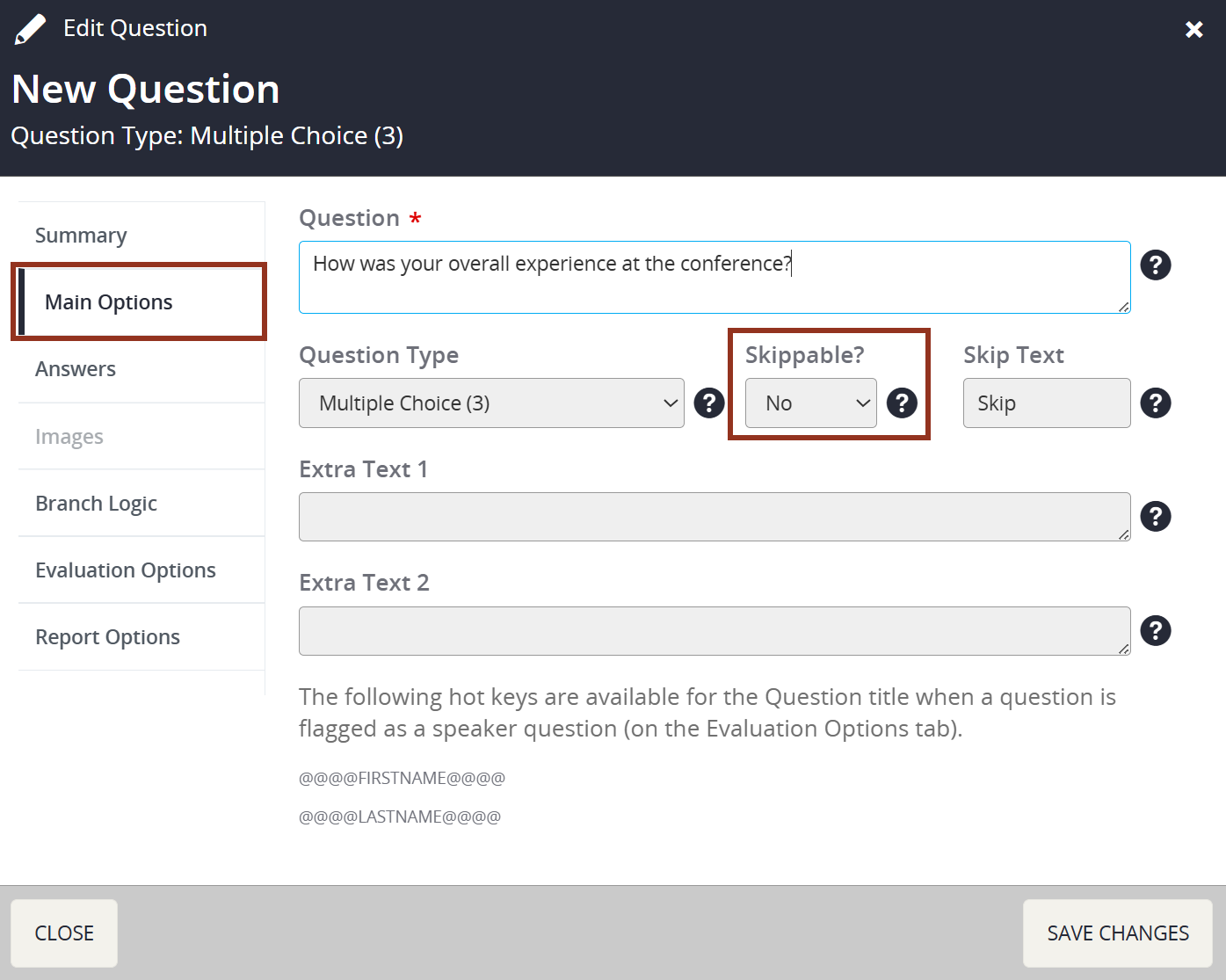 Image of the Edit Question Pop-up Main Options Tab.
