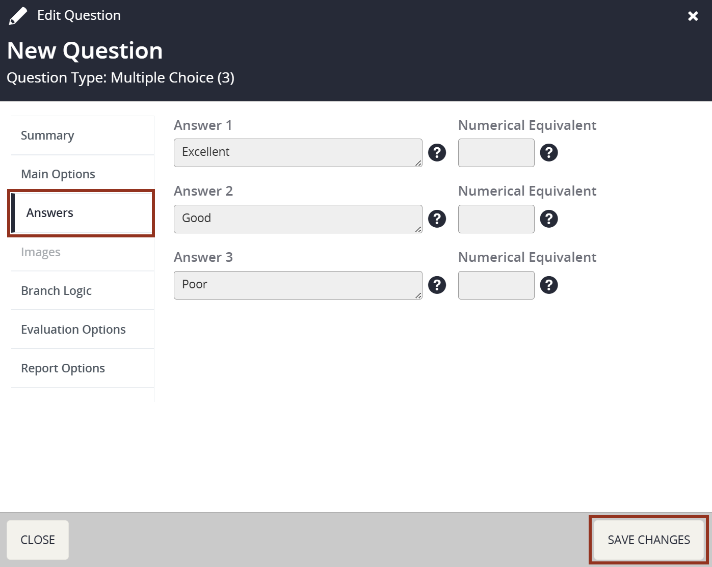 Image of the Edit Question Pop-up Answers Tab.