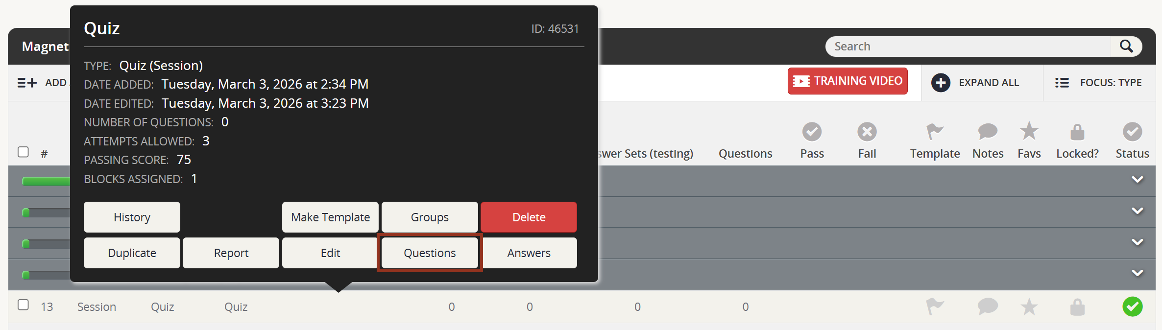 Image of Quiz Row Pop-up Questions Button.