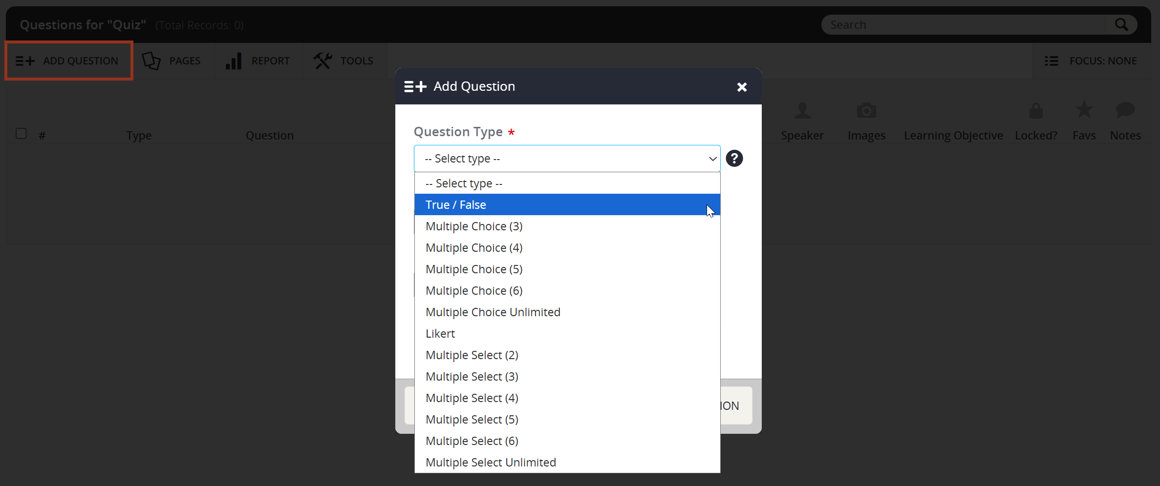 Image of the Add Question Pop-up Question Type Drop-Down.