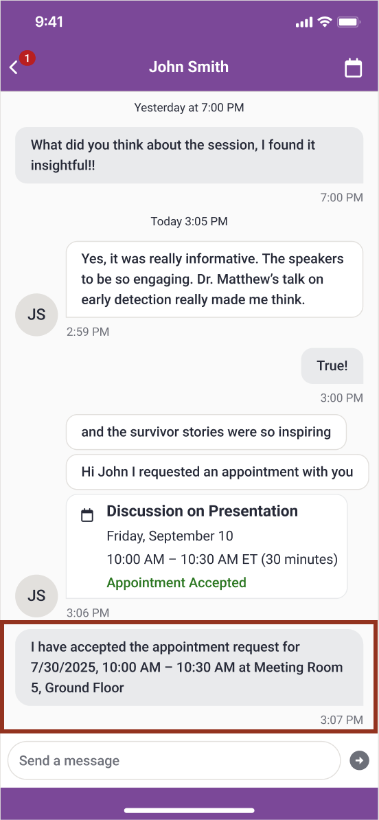 Image of Acceptance Text for Appointment Request in the App Chat.
