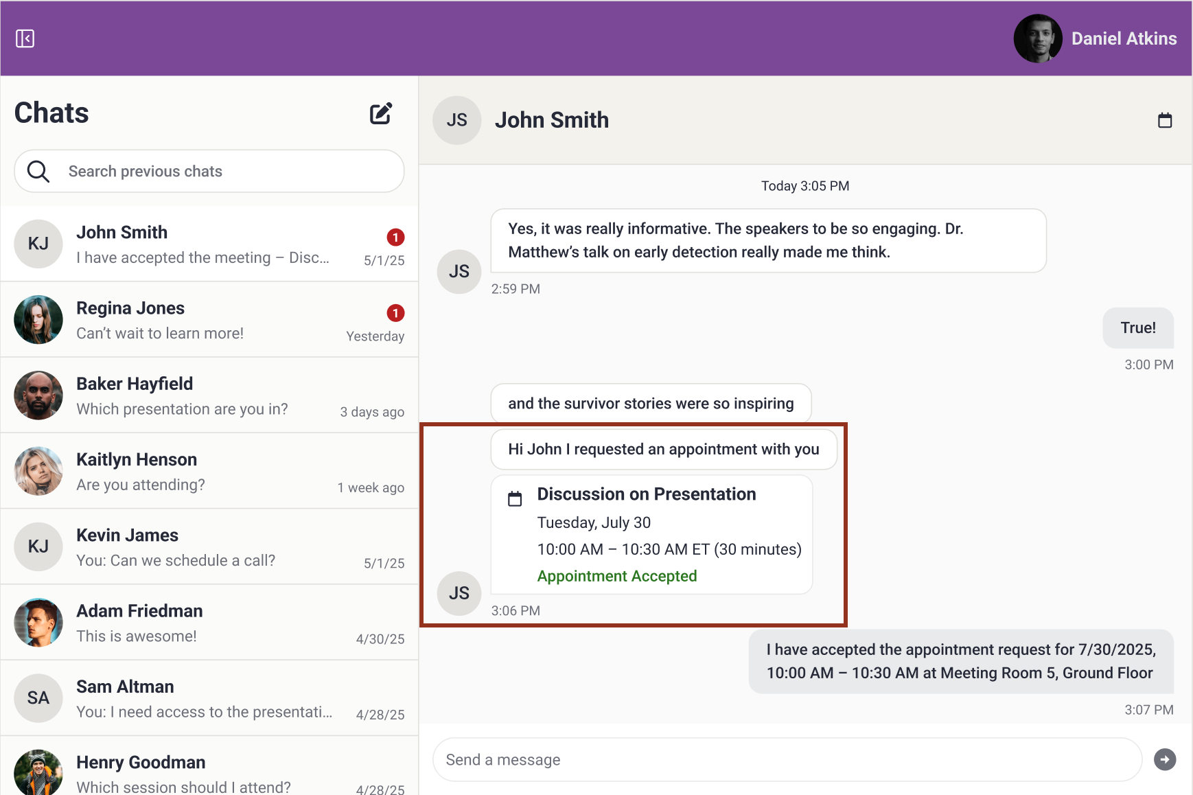 Image of the Appointment Request on Website Message Page.