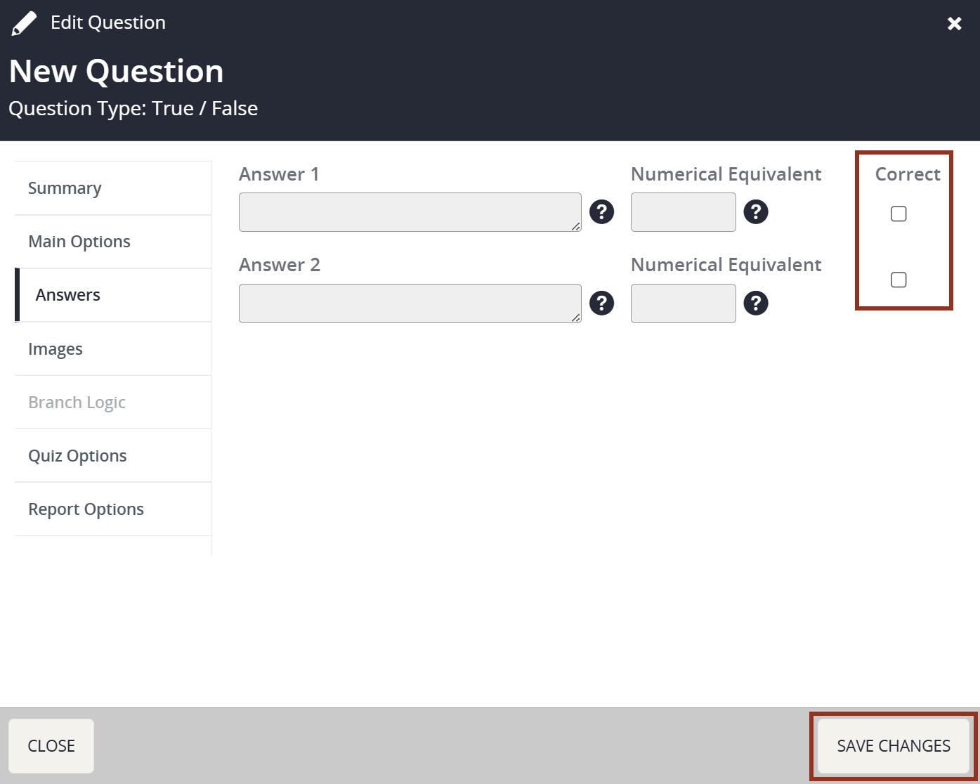 Image of the Edit Question Pop-up Answers Tab.