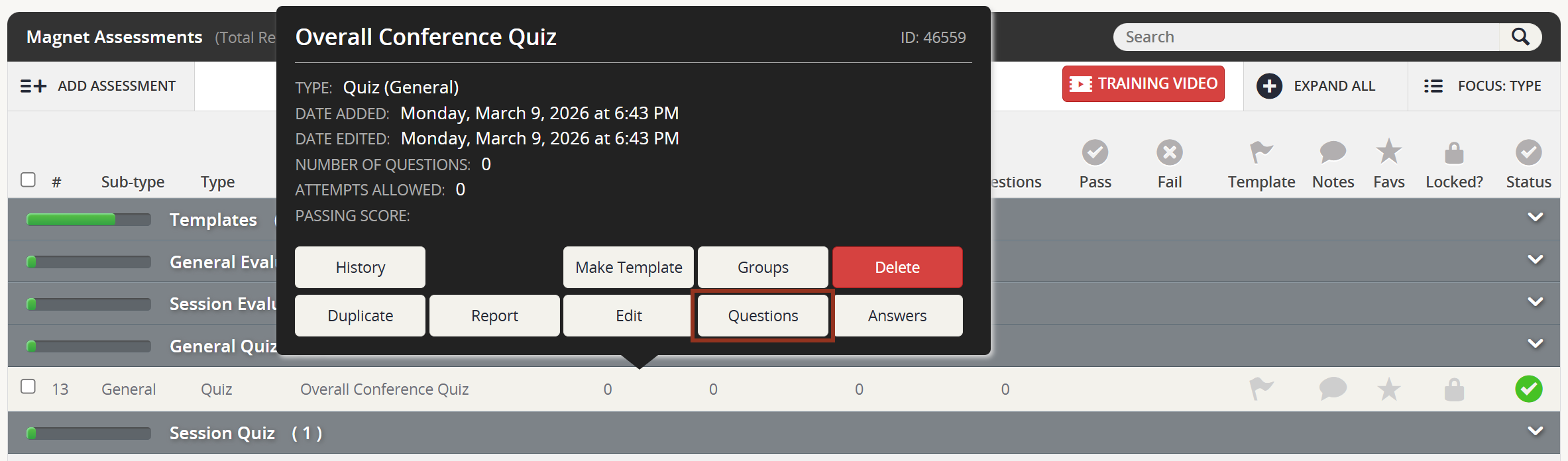 Image of Quiz Row Pop-up Questions Button.