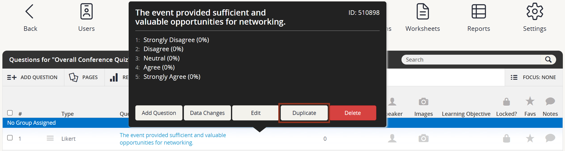 Image of the Question Row Pop-up Duplicate Button.