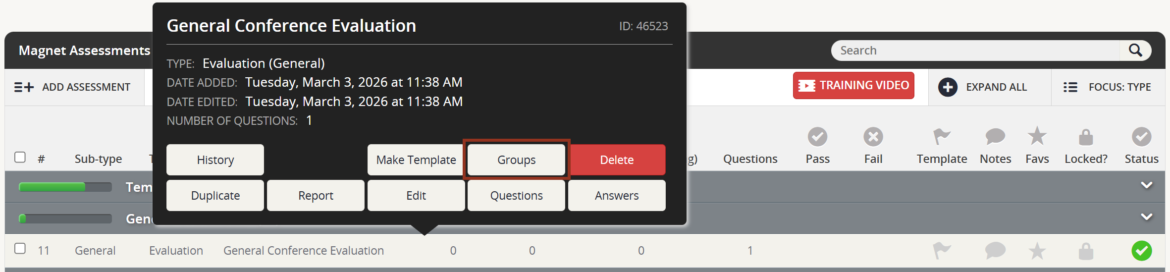 Image of the Evaluation Row Pop-up Groups Button.