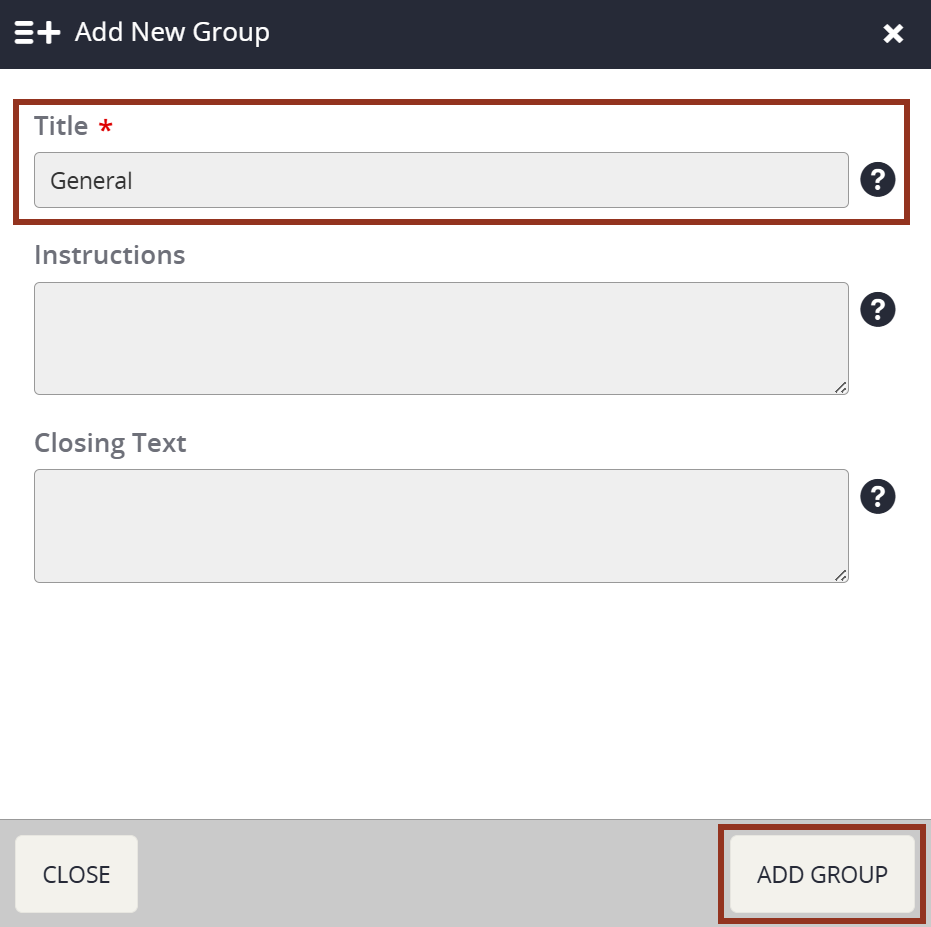 Image of the Add New Group Pop-up.