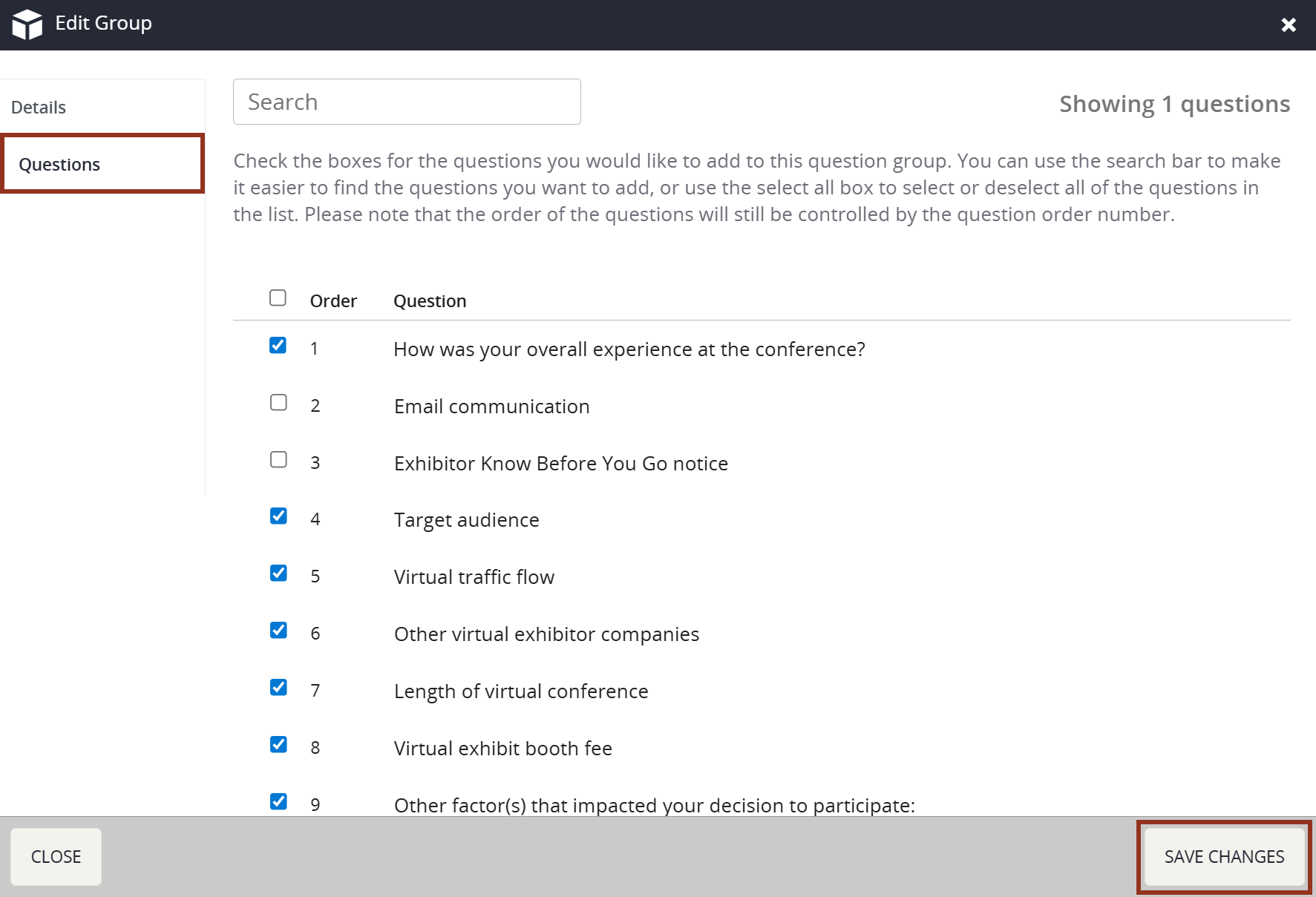 Image of the Edit Group Questions Tab.