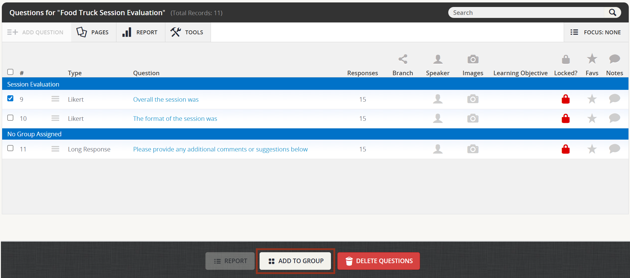 Image of the Questions Page Add To Group Button.