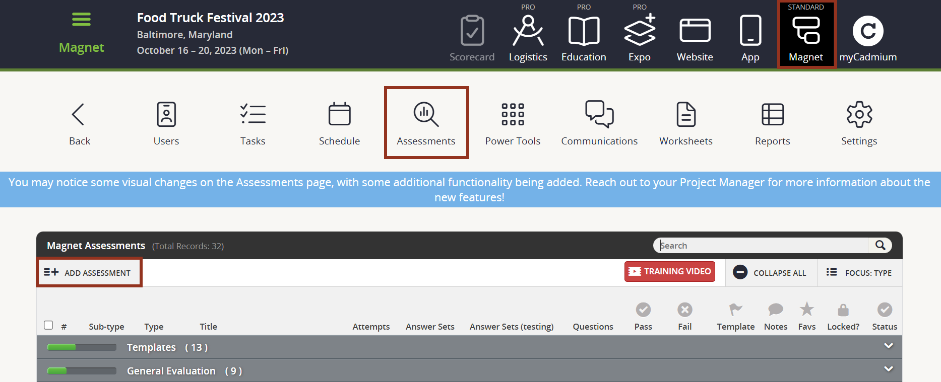 Image of the Assessments Page Add Assessment Button.