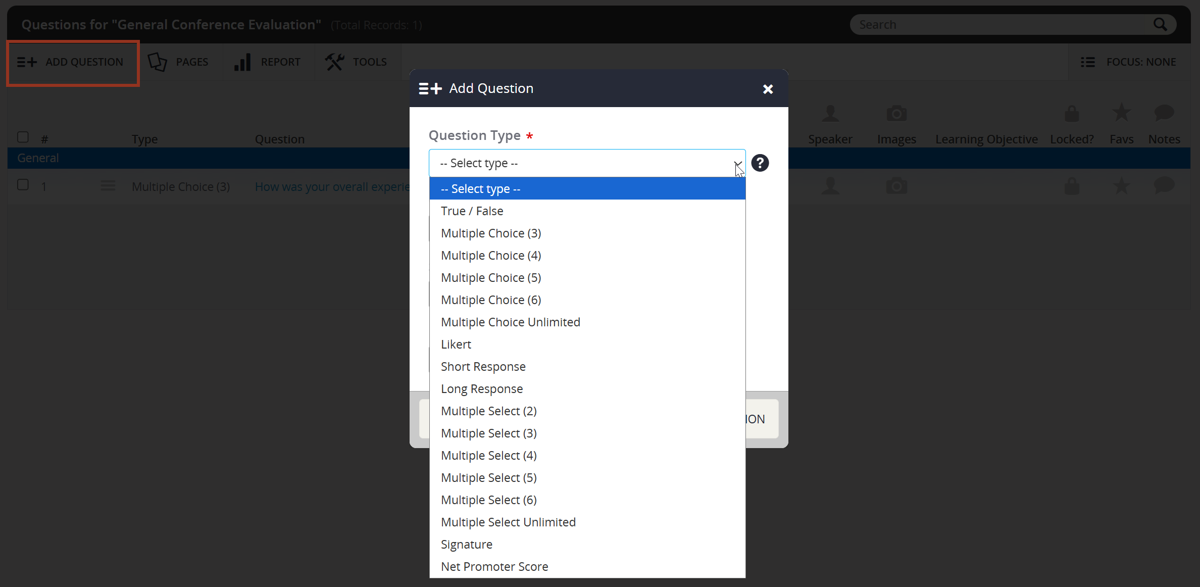 Image of the Question Type Dropdown.
