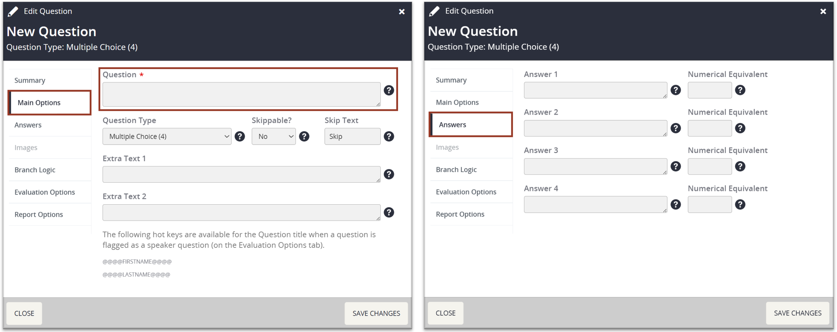 Image of the Edit Question Pop-up Main Options and Answer Tabs.
