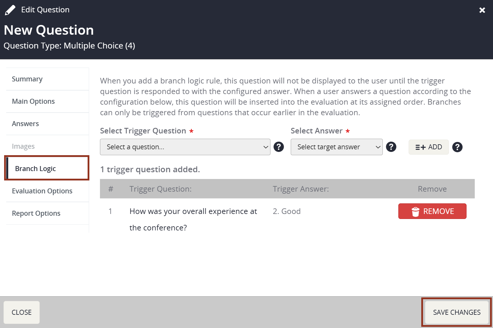 Image of the Edit Question Pop-up Branch Logic Tab.