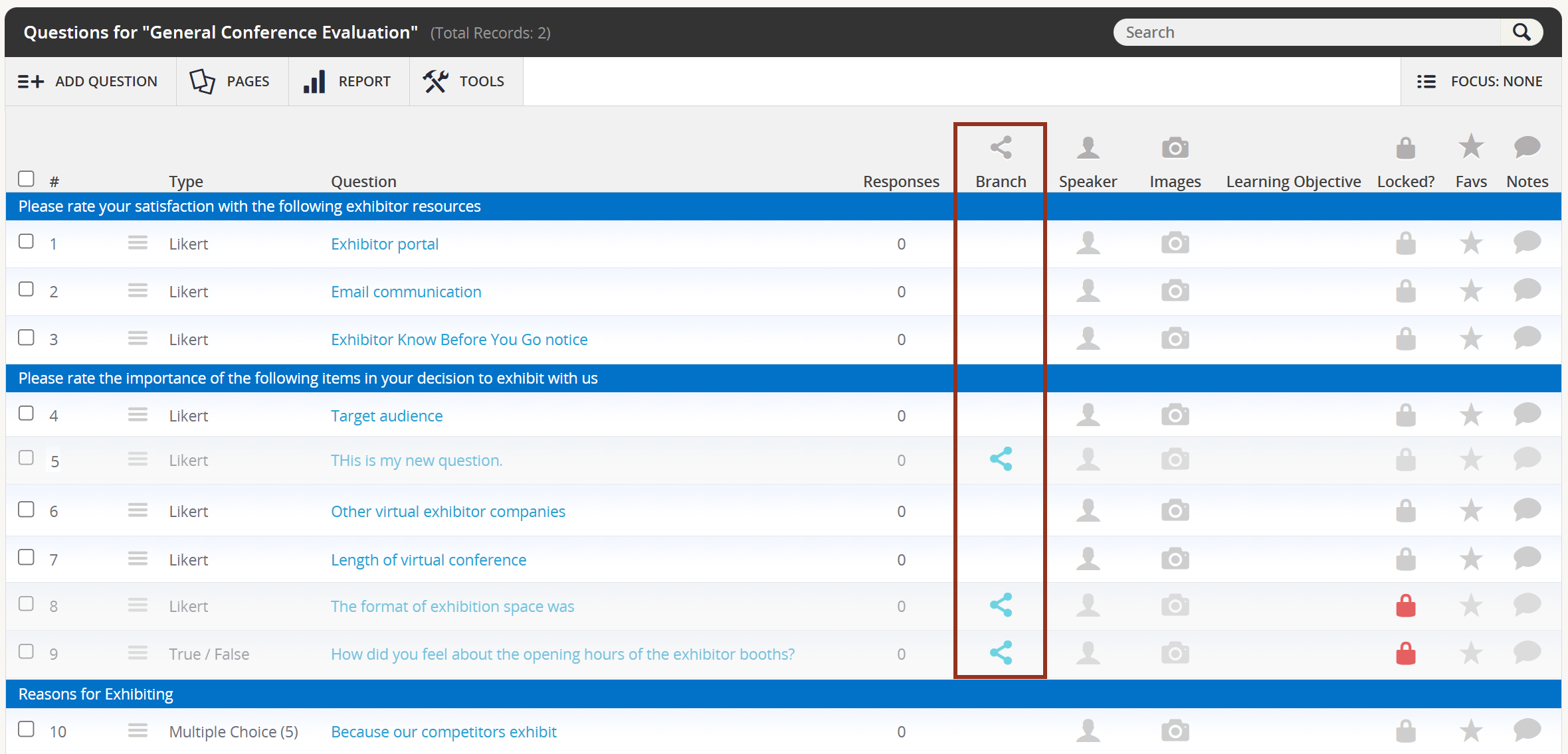 Image of the Questions Page Branch Column.