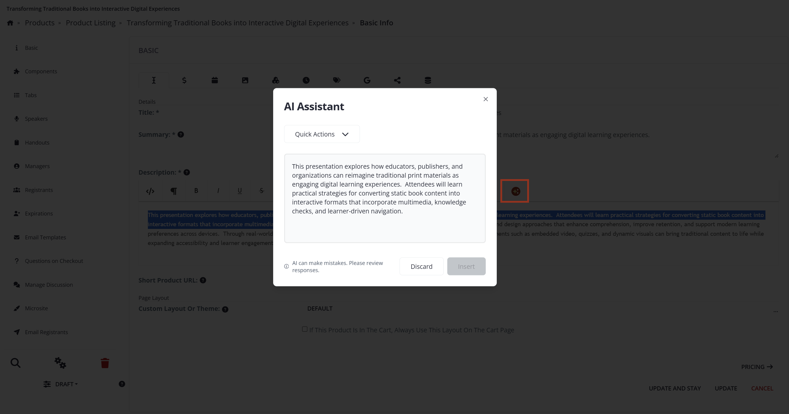 Image of the Elevate Product Description Field AI Assistant Dialog Box.