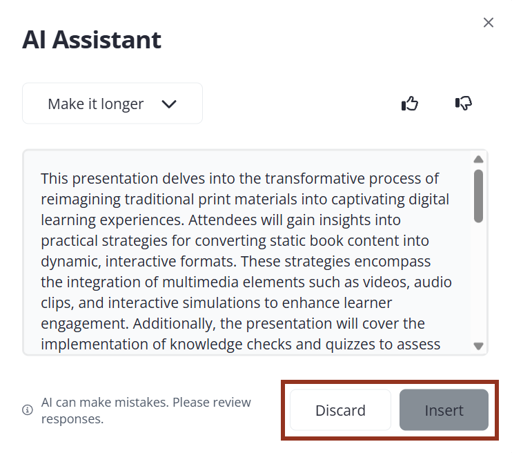 AI Assistant Discard and Insert Buttons..
