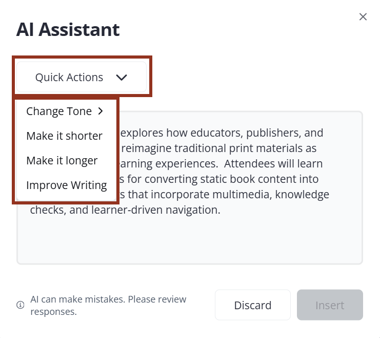 AI Assistant Quick Actions Dropdown.