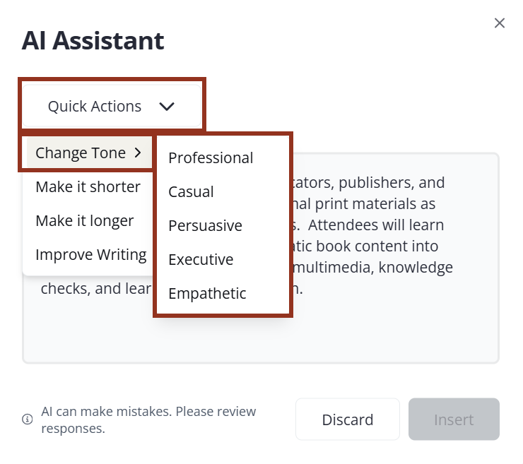 AI Assistant Change Tone Options.