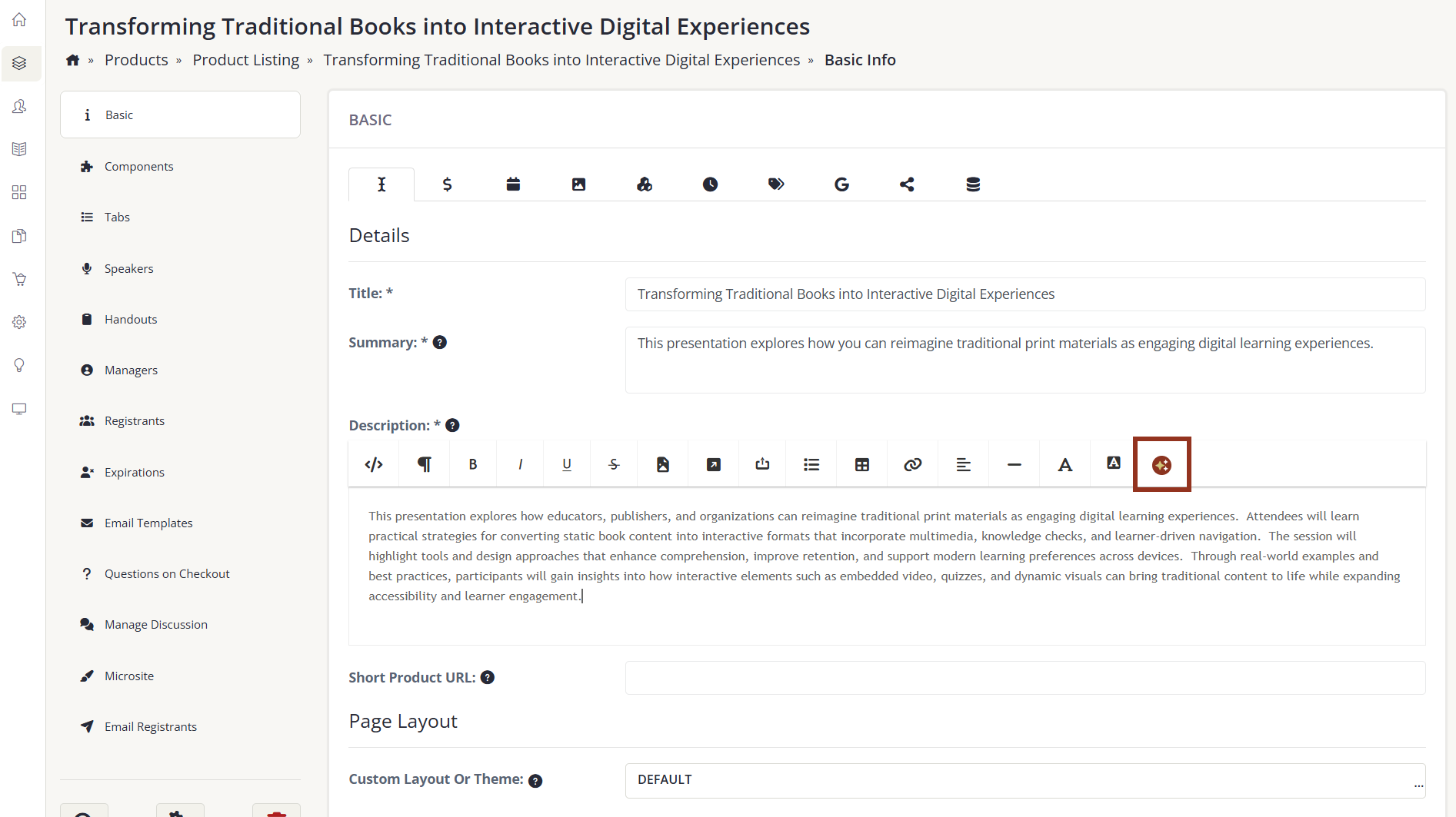 Image of the Product Description Field AI Icon Highlighted.