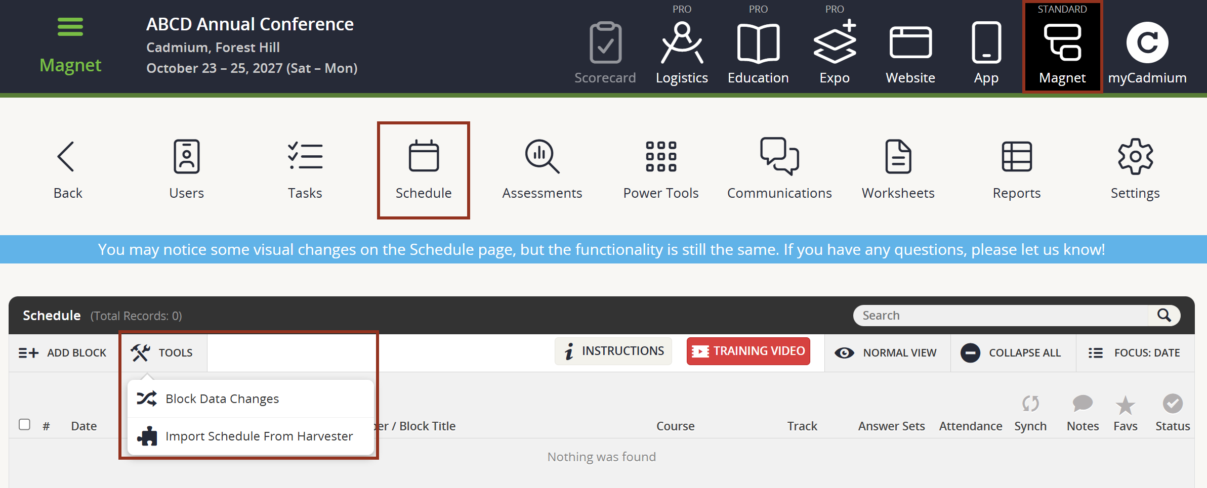 Image of the Schedule Page Tools Button Dropdown.